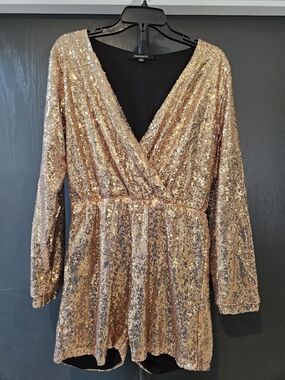 HAODUOYI Gold Sequin V-Neck Long Sleeve Romper